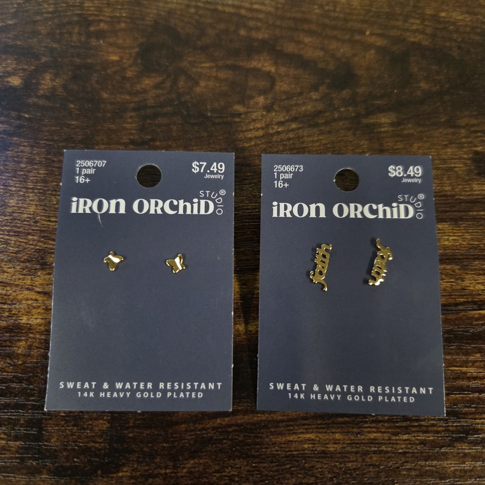 14k Gold Plated Iron Orchid Butterfly and Faith Earrings